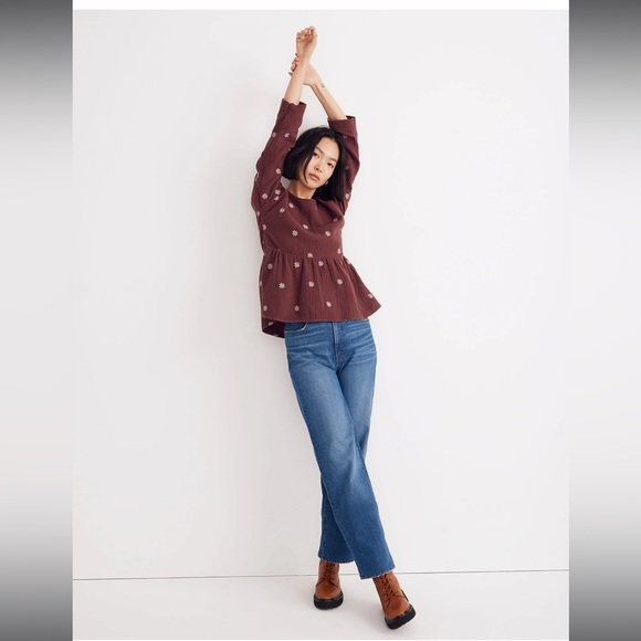 Madewell Embroidered Lightspun Peplum Open-Back Top Sz-Lrg - Picture 2 of 13